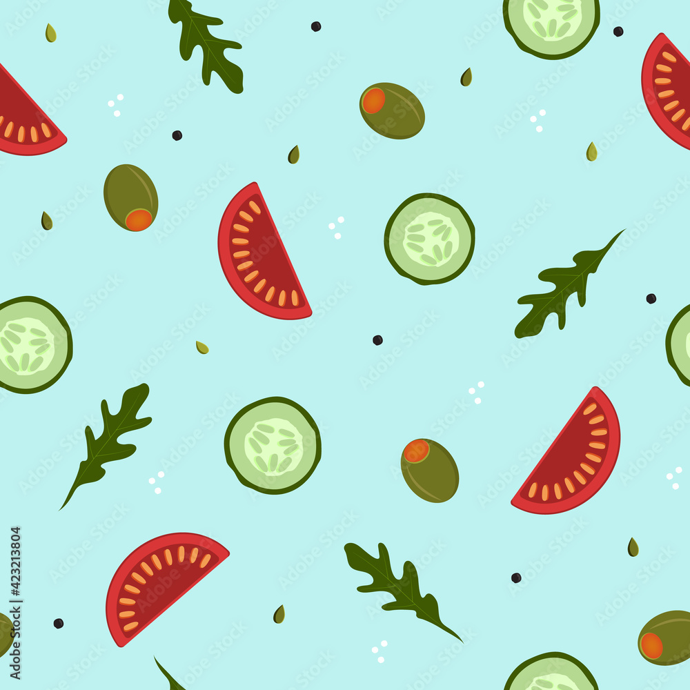 Seamless pattern with vegetables on blue background. Vector illustration.