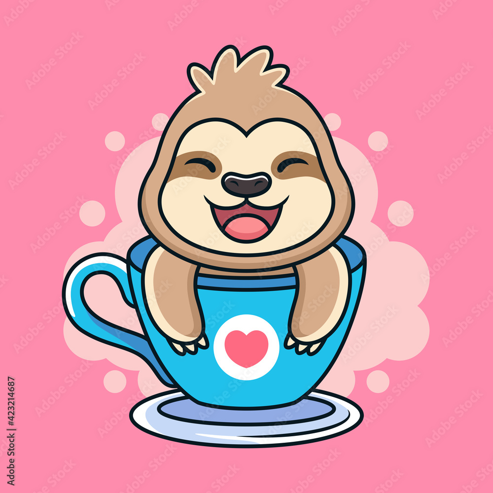 Fototapeta premium Funny Sloth with Sweet Smile on Cup. Animal Vector Icon Illustration, Isolated on Premium Vector.