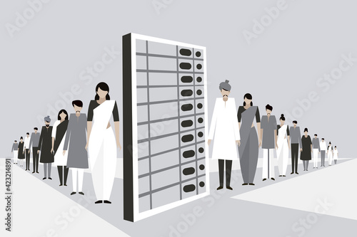 Conceptual illustration of Indian people stand in a long line along side a huge electronic voting machine