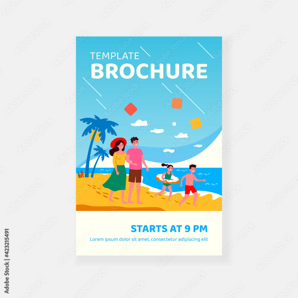Fototapeta premium Happy parents couple and kids spending summer vacation by seaside. Family with children in swimsuits walking on sea beach. For travel, leisure time, outdoor activity, holiday concept