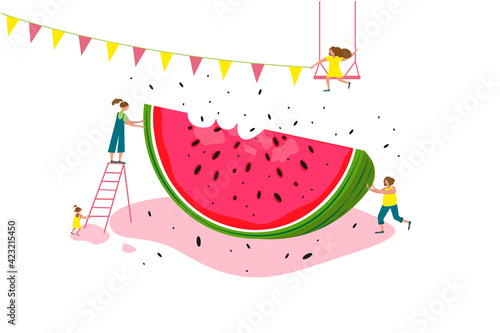 cartoon people near big watermelon. Women and children hold watermelon slice, decorate with garland. SUMMER holiday. Summer time.