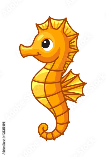 Cute cartoon sea horse isolated on white background. Children vector illustration