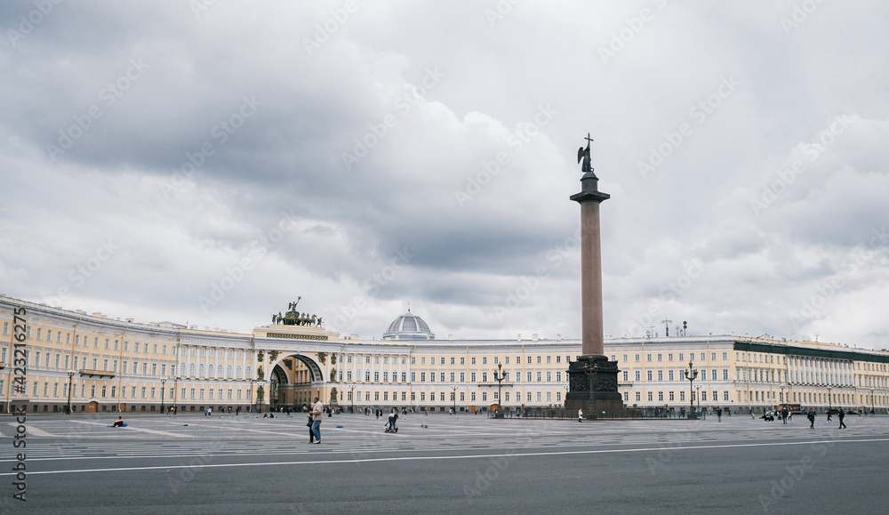 Saint-Petersburg, Russia, 31 August 2020: Panoramic view of the General Staff Building and the Alexander Column in summer on Palace Square.