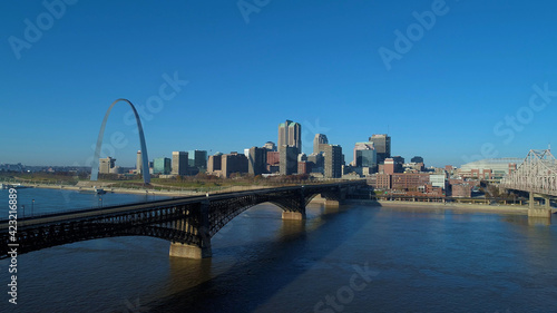 St. Louis skyline with Arch and Eads Bridge over Mississippi