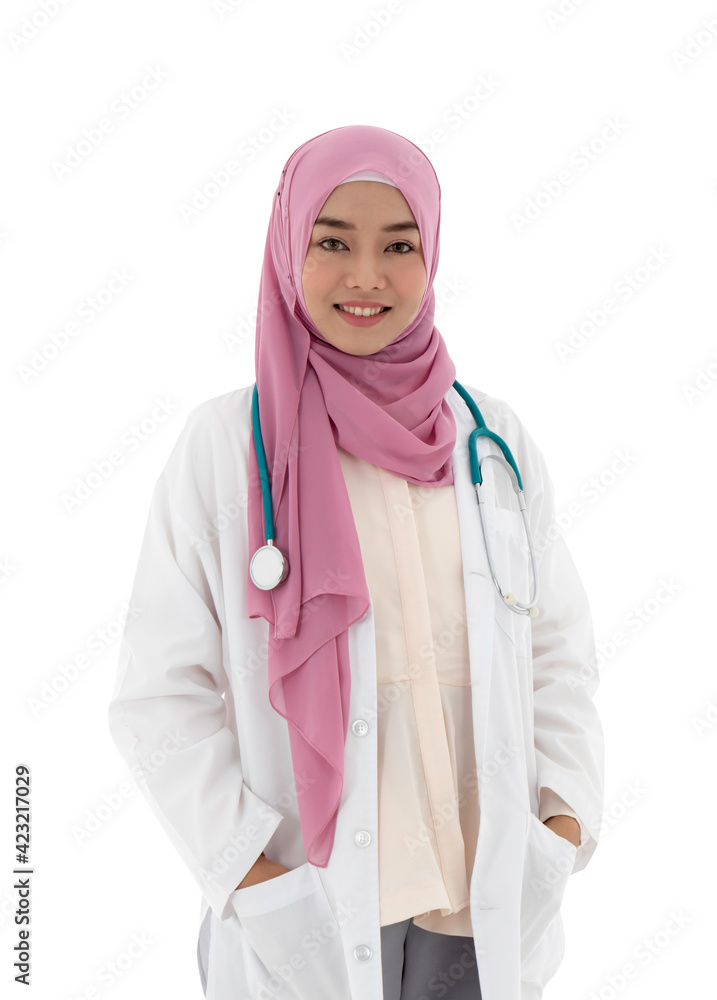 Beautiful muslim female doctor in hijab and stethoscope standing with smiling isolated on white background with clipping path. Beautiful muslim female doctor in hijab and stethoscope standing with smiling isolated on white background with clipping path.