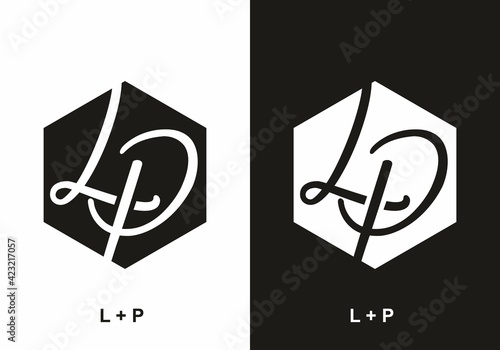 Black and white script LP initial letter