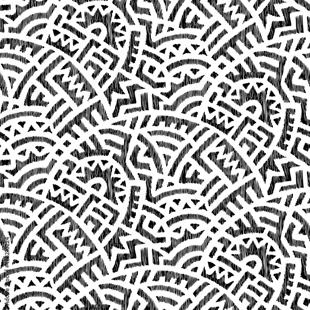 Black and white seamless pattern. Ethnic and tribal motifs. Imitation of an embroidered texture. Vector illustration.