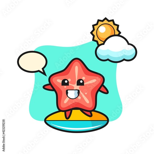 Illustration of starfish cartoon do surfing on the beach