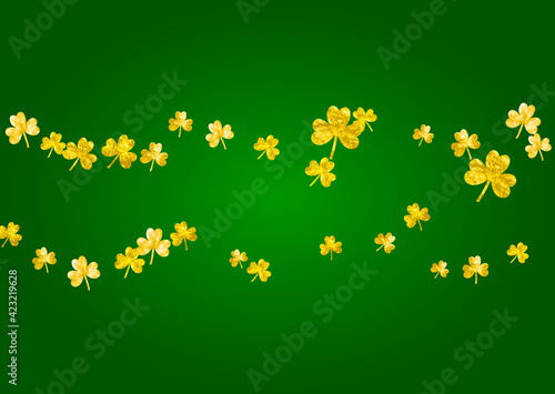 St patricks day background with shamrock. Lucky trefoil confetti. Glitter frame of clover leaves. Template for gift coupons  vouchers  ads  events. Holiday st patricks day backdrop