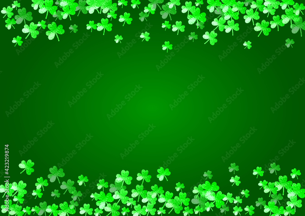 Clover background for Saint Patricks Day. Lucky trefoil confetti. Glitter frame of shamrock leaves. Template for party invite, retail offer and ad. Celtic clover background. Clover background for Saint Patricks Day. Lucky trefoil confetti. Glitter frame of shamrock leaves. Template for party invite, retail offer and ad. Celtic clover background.
