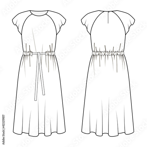 Fashion technical drawing of summer dress with drawstring