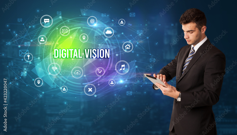 Businessman thinking about modern technology Businessman thinking about modern technology