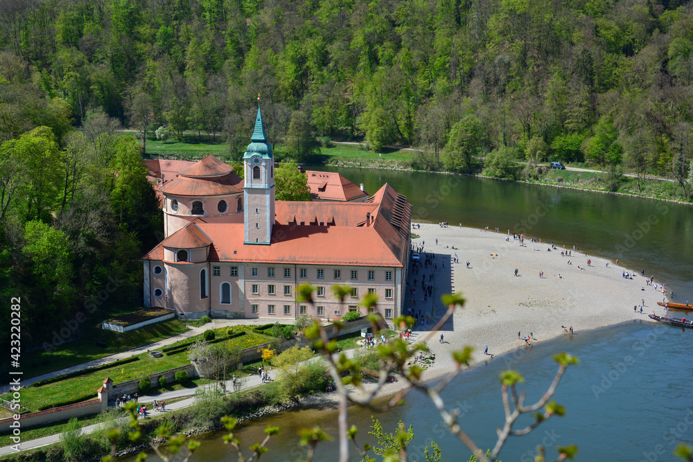 Weltenburg monastery on the Danube with panoramic view from the Danube Gorge in summer, Kehlheim, Bavaria, Germany
