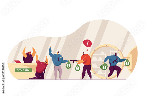 Bank robbery by masked criminals with guns. Armed man in mask threatening employees, worker giving bag of money with dollar sign, robber stealing bag from storage. Bank robbery, poor security concept