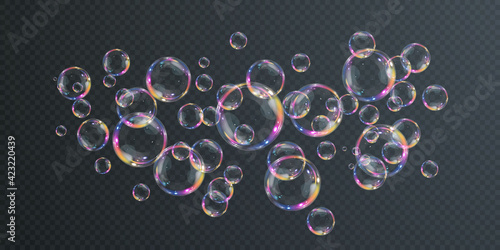 Collection of realistic soap bubbles. Bubbles are located on a transparent background. Vector flying soap bubbles.  Bubble PNG. Water glass bubble realistic png	