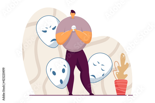Man holding smiling mask covering emotions. Person standing with mask in hand, hiding his feelings. Angry, surprised, sad masks around man. Changing natural personality, conformity, hypocrisy concept