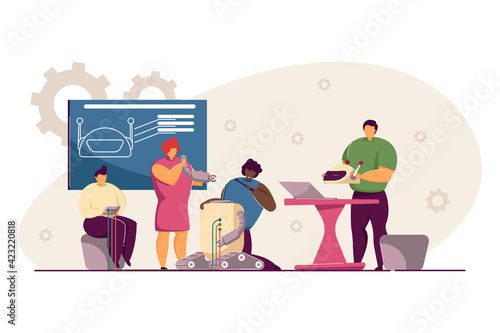 Children doing school robotics project. Group of students making robot, child sitting, teacher holding robotic head. Robotics, engineering technology, robots presentation, school project concept