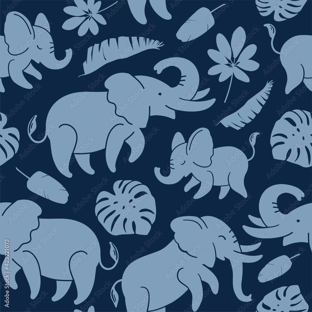 Fototapeta Blue elephants on a dark blue background seamless.
