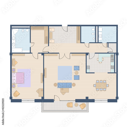 Architectural floor plan of the apartment. Colorful drawing. Top view with a set of furniture and plumbing equipment. Vector isolated