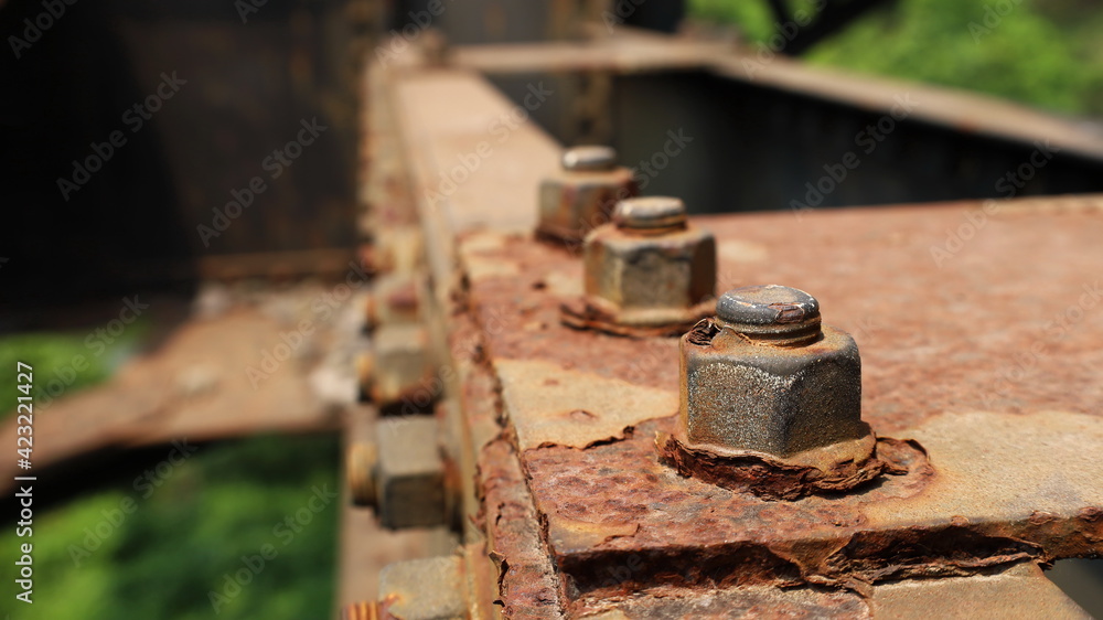 Rusted bolts and threads on the old bridge structure. On a green tree background. Close focus and select objects Rusted bolts and threads on the old bridge structure. On a green tree background. Close focus and select objects