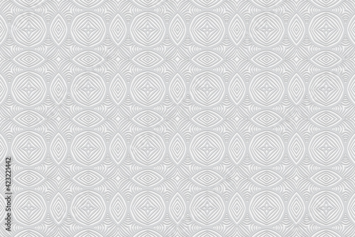 Geometric 3D white background. Convex volumetric texture. Ethnic pattern with national coloring in doodling style. Design for wallpaper, presentations, stained glass, textiles. 