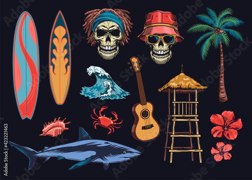 Vintage Hawaii club colored elements set. Signs of surfing board, skulls, guitar and palm tree isolated on black background vector illustration collection. Sea and summer vacation concept © Bro Vector