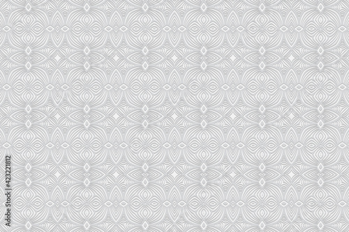Geometric 3D white background. Convex volumetric texture. Ethnic original composition with the national flavor of the countries of India, with elements of doodling.