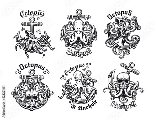 Vintage badges with octopus and anchor vector illustration set. Monochrome labels with marine creature with tentacles. Underwater wildlife and sea concept can be used for retro template