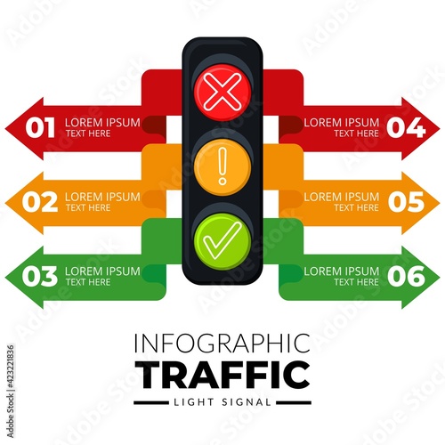 Illustration Vector Graphic Infographic traffic light signal with symbol in red, yellow, and green color. stop, warning, and go sign, perfect for cover presentation, campaign, and poster