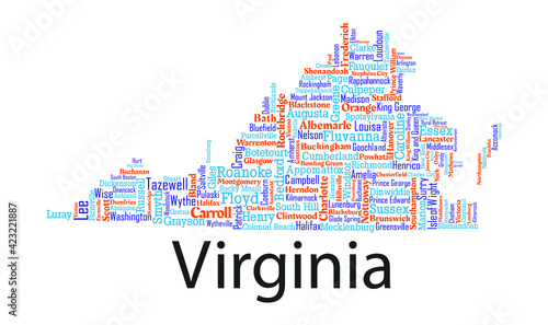 Word cloud map design includes all Counties and major Cities in the state of Virginia. Three different types of fonts are grouped by different colors so they can be easily edited.