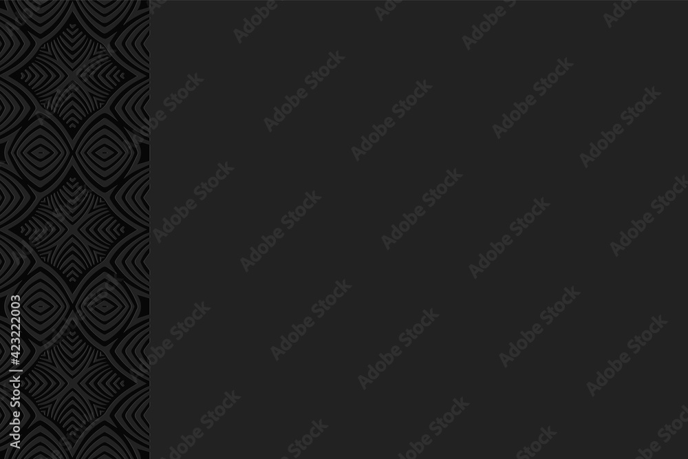 Geometric 3D black background. Convex volumetric texture. Embossed ethnic composition of the peoples of India, with elements of doodling for presentations, websites. Vertical insert. 