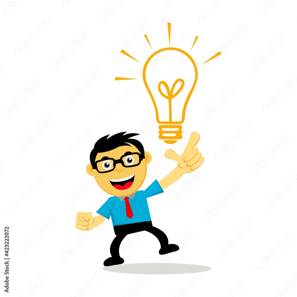 Illustration Vector Graphic of Successful businessman or employee in cartoon with glasses and icon of lamp. Concept of get ideas for the goal Illustration Vector Graphic of Successful businessman or employee in cartoon with glasses and icon of lamp. Concept of get ideas for the goal