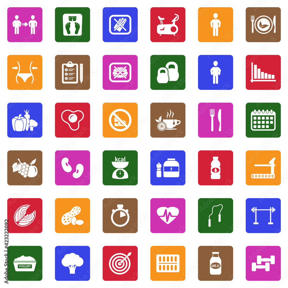Diet Icons. White Flat Design In Square. Vector Illustration. Diet Icons. White Flat Design In Square. Vector Illustration.