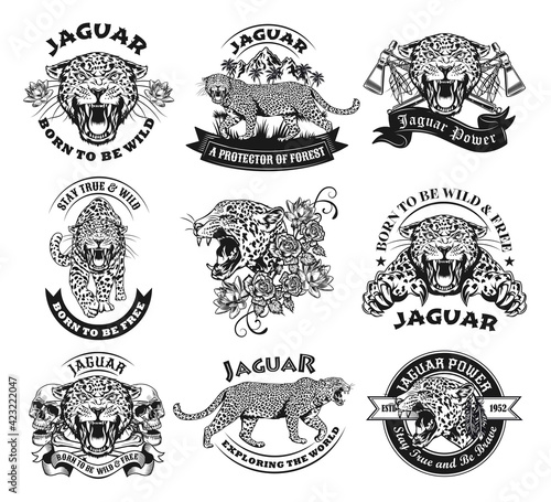 Leinwand Poster Monochrome labels with jaguar vector illustration set