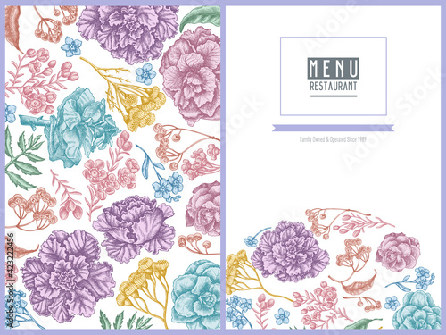 Menu cover floral design with pastel wax flower, forget me not flower, tansy, ardisia, brassica, decorative cabbage