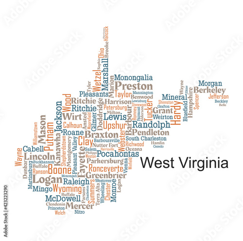 Word cloud art map design includes all Counties and major Cities in the state of  West Virginia. Three different types of fonts are grouped by different colors so they can be easily edited.