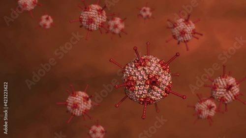 Adenovirus used as vectors in gene therapy against red background; double-stranded DNA adenovirus used in biotechnology 3d render photo