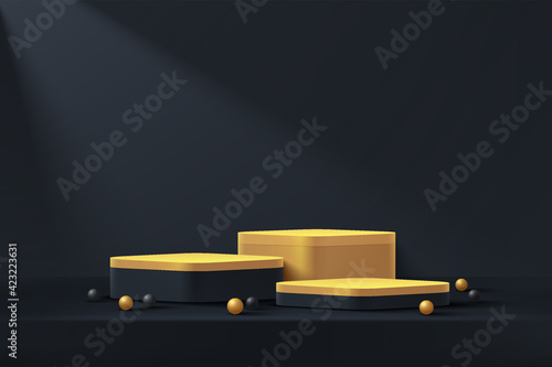 Abstract black, gold cube pedestal podium, Black empty room, Shadow of window. Black and gold sphere decorate, Vector rendering 3d shape, Product display presentation. Studio room, Minimal wall scene.