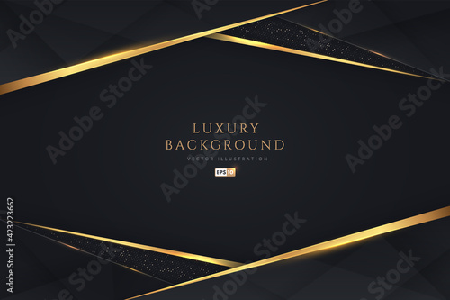 Abstract geometric overlapping on black background with glitter and golden lines glowing dots golden combinations. Modern luxury and elegant design with copy space. Vector EPS10