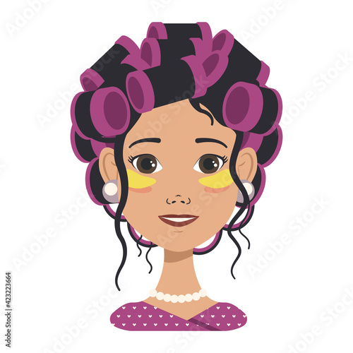 Avatars with different emotions. Girl with pink curlers and yellow patches. Fashion avatar in flat vector art
