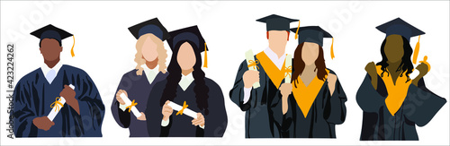 Different ethnic graduated student. Happy students with diplomas wearing academic gown and graduation cap, group with education certificate photo