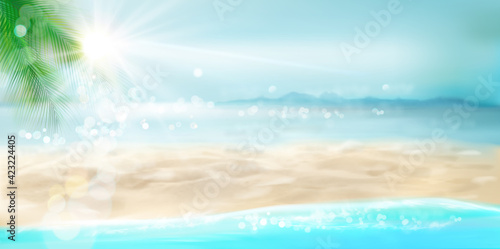 Waves on the seashore. Empty sandy beach in summer. Sunrise over the sea. Vector illustration.