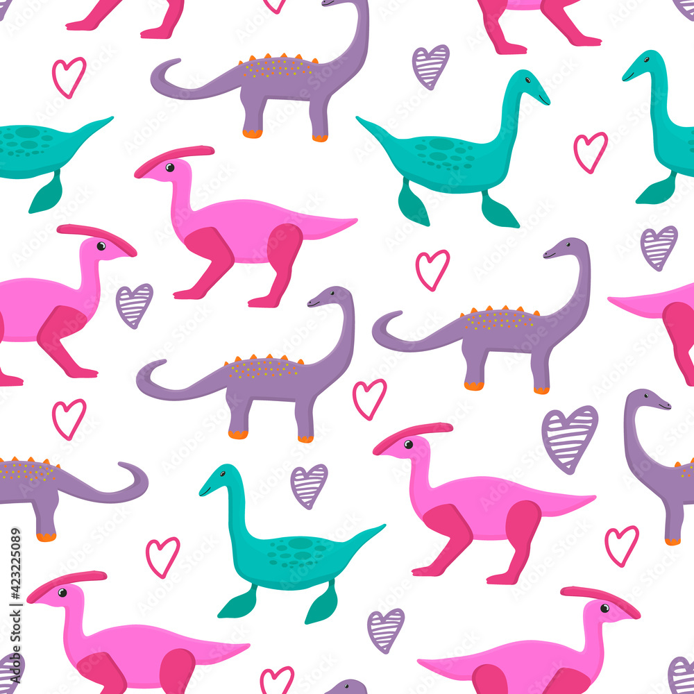 Baby dinosaur with hearts seamless pattern