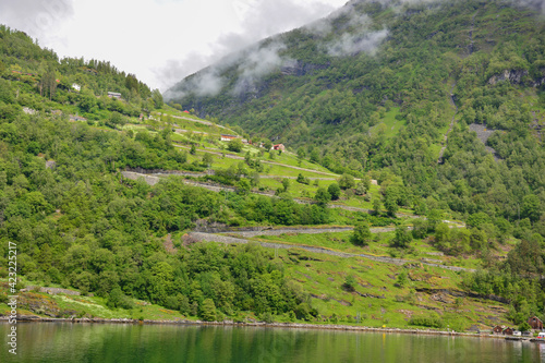 Geiranger fjord overlooking the Eagle Road pass road in Norway