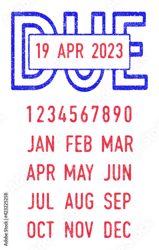 Vector illustration of the Due stamp and editable dates (day, month and year) in ink stamps