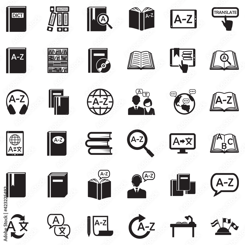Dictionary Icons. Black Flat Design. Vector Illustration. Dictionary Icons. Black Flat Design. Vector Illustration.