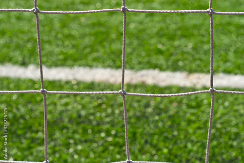 Soccer field texture close up. Grass in the stadium. Straight lines are drawn in white paint. Restricted zones at the stadium. Soccer goal is woven from laces. Sharpness on the laces.