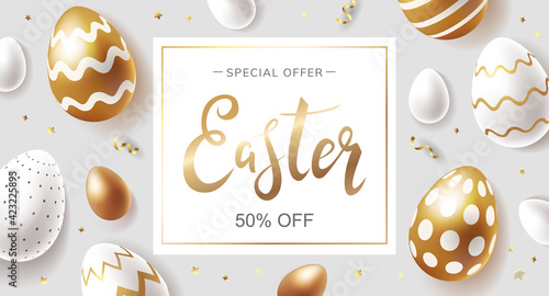 Easter Sale beautiful luxury banner design with golden and white realistic ornate eggs, lettering and gold confetti. Special offer 50% off. - Vector