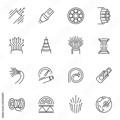 Fibre cable thin line icons set isolated on white. Electrical wires pictograms collection. photo