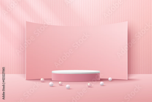 Abstract white cylinder pedestal podium, Light pink empty room, Vertical stripes pattern, Curve backdrop. Vector rendering 3d shape, Product display presentation. Pastel room minimal wall scene.